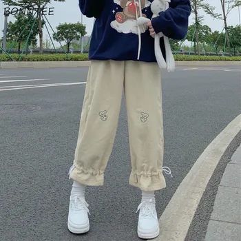 Vabaaja Püksid Naiste Lai Jalg Tikandid Cartoon Pahkluu pikkus Lahtised Naiste Püksid Armas Sügis korea Stiilis Kõik-võistluse Simple Chic
