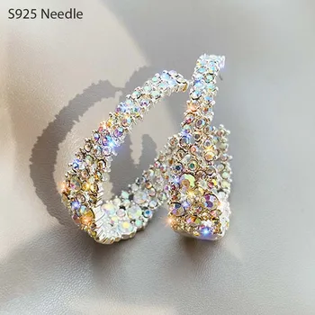 925 Sterling Silver Needle Hoop Kõrvarõngad Naistele Ehted Ring Värvikas Rhinestone Crystal Naiste Elegantne Kõrvarõngad