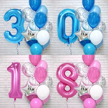 12tk/Set 32Inch Sinine Roosa Number Õhupallid Sünnipäevaks Konfetit Lateks Kolbides Esimene Laps Poiss, Tüdruk, Pool Kaunistused
