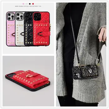 Ruuduline nahast lukuga rahakott kaardi telefoni juhul Brändi rhombic kaelapaela kinnitamine seljakott tüüp case for iPhone 12mini 11 pro Xs max 8 7 pluss
