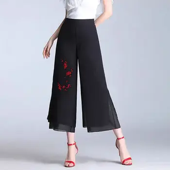 2022 Naiste korea Stiilis Mood Püksid Kõrge Vöökoht Vabaaja Lai Jalg Püksid Sifonki Tikitud Spodnie Pantalones De Mujer 4XL
