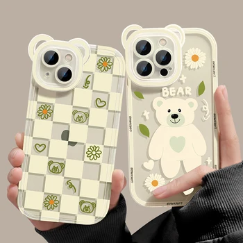 Cute Cartoon Bear Lilled Telefon Case For iPhone 14 Pro Max 13 12 11 X XS Max XR Mood Grid Läbipaistev Pehme Põrutuskindel Kate