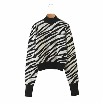 sügisel vabaaja zebra print kaua, puhvis varrukad naiste kootud pullover stiilne lady fashion kõrge kaelusega loomade prindi kampsun naiste topid