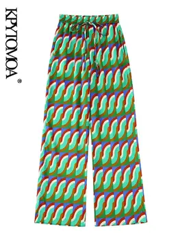 KPYTOMOA Naiste Mood Ees Taskud Geomeetriline Prindi Püksid Vintage Kõrge Elastne Vöökoht Koos Pingutusnöör Naiste Püksid Mujer
