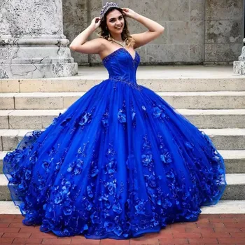 Kuninglik Sinine Quinceanera Kleidid 2022 Kullake Beaded 3D-Applique Vestidos De 15 Aastat Pits Üles Tagasi Tüdrukute Eriline Pidulik Kanda