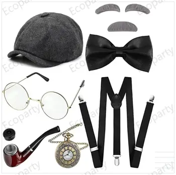 8 Tk Vana Mees, Kostüüm 1920 Vanaisa Tarvikute Komplekt 100. koolipäev Müts Müts, Prillid Kulmud Suspender Vaadata gangster 33