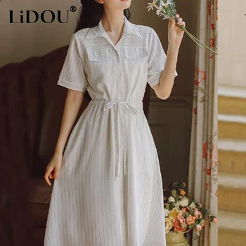 Suvel 2022 korea Stiilis Triibuline Printimine Elegantne Mood Kleit Vöö Naiste Lühikesed Varrukad Lihtsad Nupud Rüü-line Kleidid Vestidos