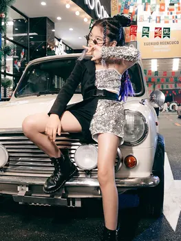 ZZL Mood K-pop Etapp Varustuse Must Hõbe Sequin Kleit Unikaalne Disain Y2K Tüdrukud Jazz Tants Catwalk Performance Show Riided