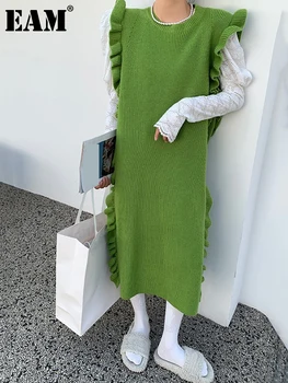 [EAM] Naised Roheline Kudumise Pikk Ruffles Suur Suurus Kleit Uus Ring Kaela Varrukateta Loose Fit Mood Kevad-Sügis 2023 1DF2980