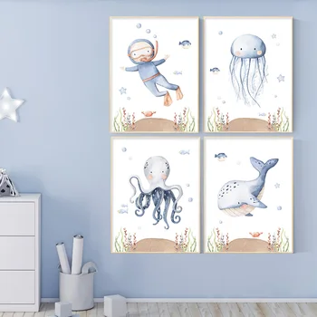 Cartoon armas mere All Kunsti Plakatid Lasteaed Ocean World Lõuendile Maali Pildid Seina Pilte Poiss Mängutuba BabyRoom Decor