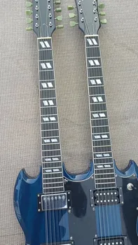 SG kujuline topelt kaela electric guitar, 6 keelt + 12 stringid, sinine keha, topelt kaldus tükki, valge tarvikud, päris tehase
