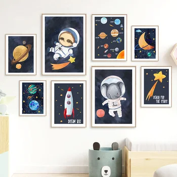 Ruumi Raketi Päikesesüsteemi Planeet Star Astronaut Seina Art Lõuend Maali Nordic Plakatid Ja Print Seina Pilte Kids Room Decor