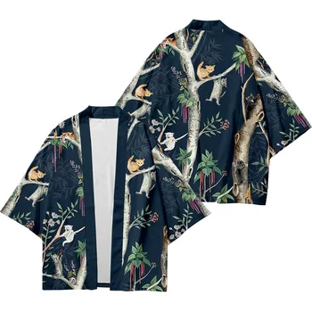 Meeste ja naiste Jaapani kimono traditsioonilise kunsti kass trükitud vabaaja lahti õhuke mantel Aasia kimono jakk