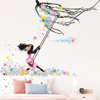 Ilusad Lilled Tüdruk Õõtsuv Seina Kleebised Kodu Kaunistamiseks elutuba, Magamistuba taustapildina isekleepuv Kleebis