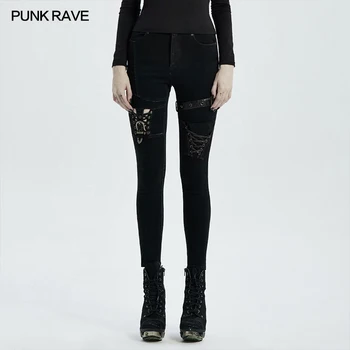 PUNK RAVE Naiste Punk Põlve Dekonstrueeritud Õõnes Retro Street Denim Püksid Vaimu Pea Sõna Lukk Skinny Püksid