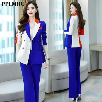 Kontrast Värvi Tepingud Office Elegantne Ülikond 2-Osaline Komplekt, Naiste Rõivad 2022 Korea Disain Pintsak Jakk Ja Lai Jalg Püksid Sobivad