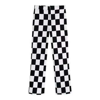 Püksid Naiste 2021 Mood Riided Zip Fly Kõrge Vöökoht Vabaaja Sirge Jalg Püksid Street Style Malelaua Prindi Pikad Püksid
