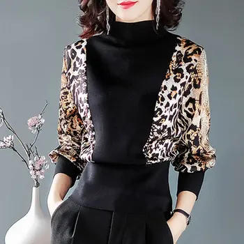 Mood Trükitud korea Servjätkatud Leopardi Pluus Naiste Riided 2022 Sügisel Uus Liiga Casual Pulloverid Elegantne Pendeldama Särk