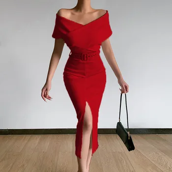 Sidemega Bodycon Kleidid Naistele 2022 Suvel Maha Õla Elegantne Office Daamid Vintage Midi Kleit Õhtul Pilu, Seelik koos Vööga