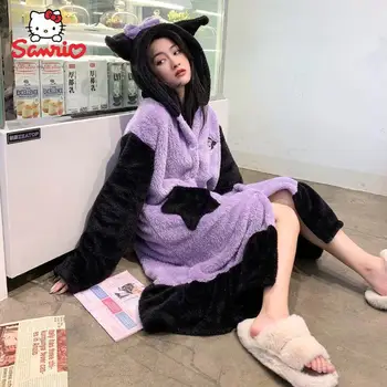 Kawaii Sanrio Kuromi Koomiks Anime Palus Paks Pidžaama Kõrge Kvaliteedi Kodus Sooja Nightgowns 2-Osaline Komplekt, Tüdruk Vabaaja Lahti Pidžaama