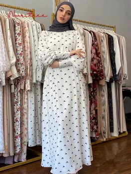 Hot Müüa Lindude Muster Trükitud moslemi Kleit Elegantne Pikk Moslemi Naiste Kleidid Tagasihoidlik Kandma Riietust EID Riideid Koos Vöö Wy221