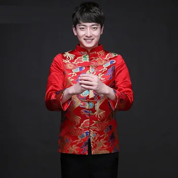 Traditsioonilised Hiina Riided Tops Dragon Men 's Dress Peigmees Mehed Cheongsam Tang Sobiks Pulm Jakk, Vintage Jakk, Punane