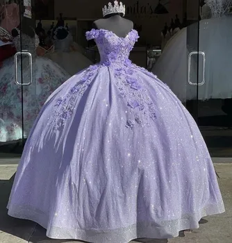 Sädelevat Lavendel Pall Kleit Quinceanera Kleidid Crystal 3D Lill Applique Sweet 16 Kleit Sünnipäeva Vestidos De 15 Aastat