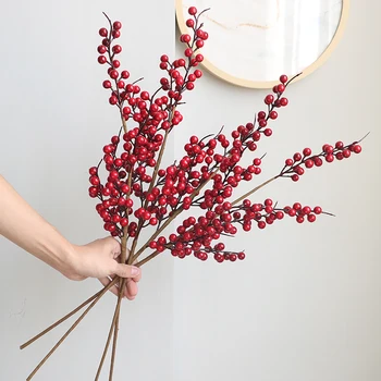Võltsitud holly marja punased marjad kunstlikku lille Teenetemärgi oksi jõuluehe aastavahetuse kaunistuste home decor