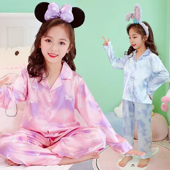 Tüdrukute Pidžaama Komplekt Soft Ice Siid Pajama Teen Gril Pikad Varrukad Nupud Sleepwear Kids Pikkade Pükste Laste Riietus Roosa Sinine