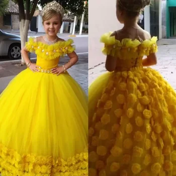 Kollane 3D Lille Tüdrukute Kleidid Jewel Kaelus Crystal Pundunud Seelik teise lapse Sünnipäeva Kleit Väike Tüdruk Kleit Võistlused