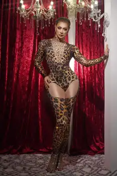 Leopard Jumpsuits Naiste Täita Vegas Show Gogo Tantsija Cosplay Kostüüm Drag Queen Riided Venitada Spandex Seksikas Laulja Etapp Kanda