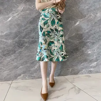 Korea Fashion Silk Seelikud Naiste Floral Satiin Office Lady Midi Seelik Pluss Suurus XXXL Merineitsi Seelik Faldas Mujer Moda Seelikud