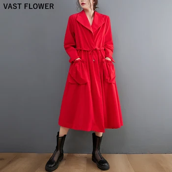 Must Vintage Kleidid Naiste Mood Nöör-Tasku Pikad Varrukad Lahti Casual Kleit Elegantne Riideid Kevad Sügis 2021