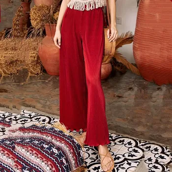  Kevad & Suvi naiste mood jää silk plisseeritud püksid Boho beach püksid Punane Lavendel seksikas lai jalg püksid 