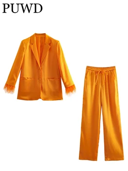 PUWD Naiste Segast Sulg Mansett Silk Satin Sobiks 2022 Suvel Daamid Elegantne Bleiser Pendeldama Osaline Ülikond Pant Naine Oranž 2-Komplektid