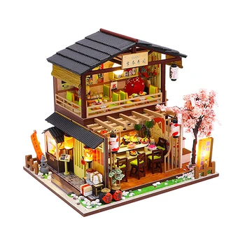 DIY Jaapani-stiilis Kääbus Nukumaja Täiskasvanud Käsitöö Maja Sushi Restoran Sünnipäeva Kingitus Puit Kodu Kaunistamiseks Mudeli Kokkupanekuks