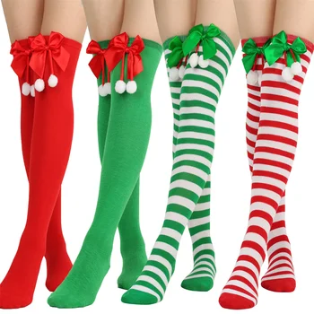Jõulud Sukad Koos Bowknot Triibuline Üle Põlve Pikad Sokid Naiste Reie Kõrge Sokid Seksikas Säärised Soojad Sukad Talvel Sokid