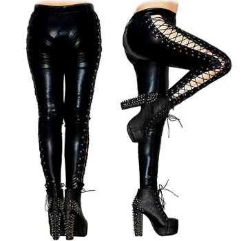 Naiste Sexy Black PVC Säärised Goth Kinnismõte Faux Nahast Lace Up Püksid Lahe Punk Rock Bright Light Nahast Sidumismaterjalid Ööklubid