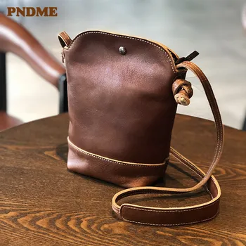 PNDME originaal retro käsitöö naiste käekott pehme ehtne nahk mobiiltelefoni väike ruut kopp kott õlal, crossbody kotid