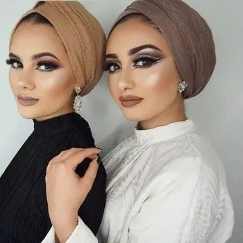 2020 Moslemi Naised, Kortsutatud Hijab Tahke Puuvill Islami Headscarf Vahetu Salli femme foulard musulman Wrap Hijabs Turban